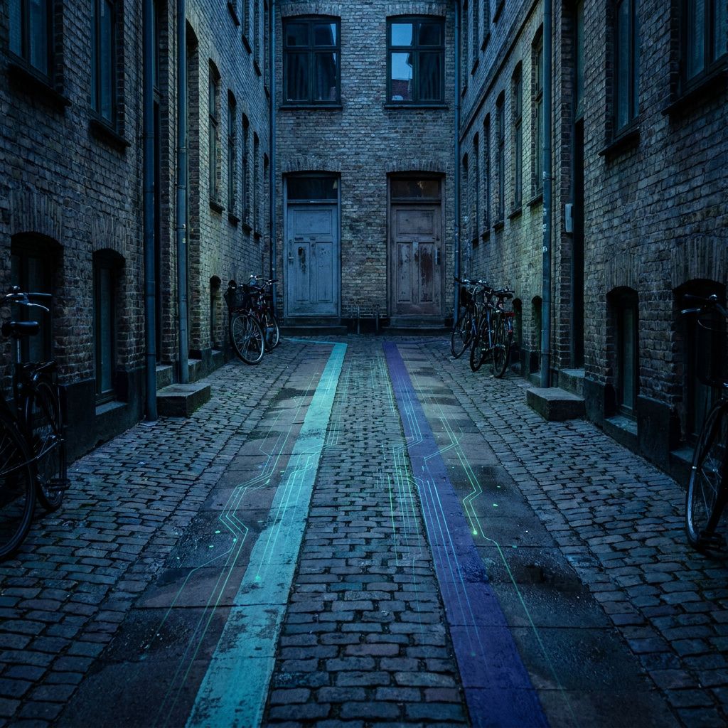 Gadebillede af en baggård med to farvede gulvbaner malet på asfalten (cyan og indigo) fører mod to porte; kamera fra lav vinkel, bred linse, signaloverlay af diskrete pulserende linjer.