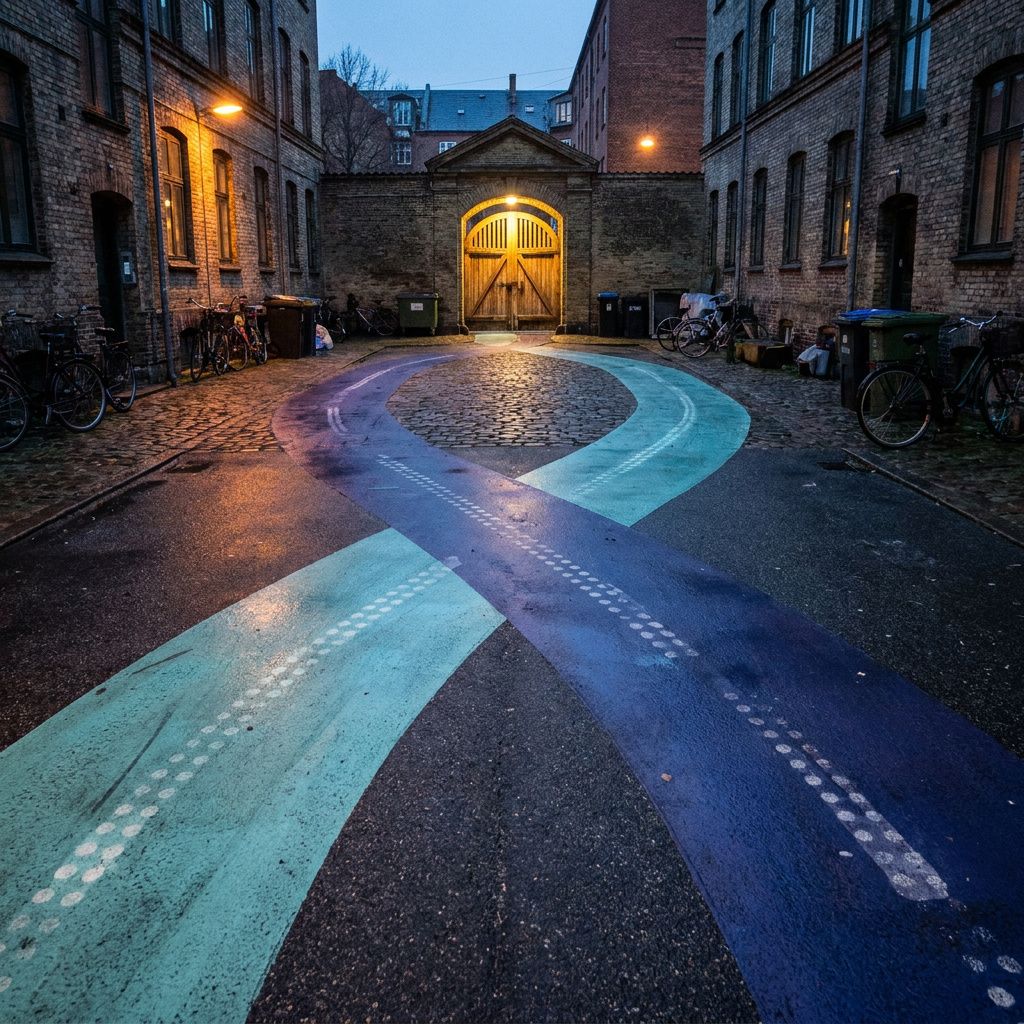Bykort‑metafor i en dansk baggård: to fodgængerbaner malet cyan og indigo fører gennem et net af sidegader, symboliserer valg og routing i eksperimentstyring.