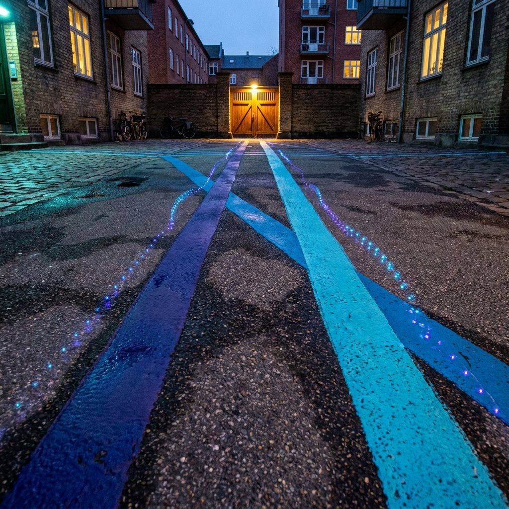 Valgt candidate: systems-map fotografi af en dansk baggård ved skumring med to signalbaner i cyan og indigo.