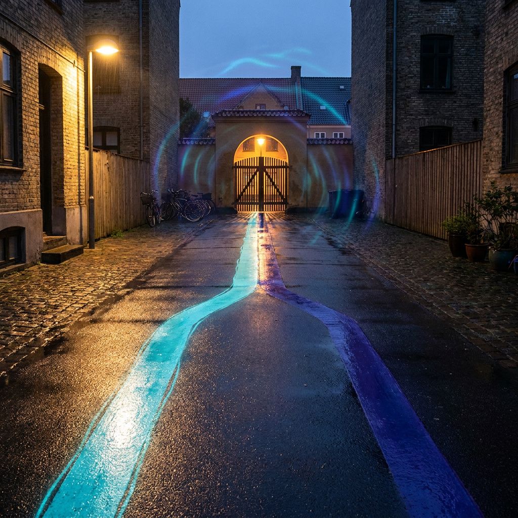 Systems‑map fotografi: en dansk baggård i dæmpet lys med to malede baner i cyan og indigo der krydser og mødes mod en enkelt port; lavt perspektiv, 24mm, ingen læsbar tekst.