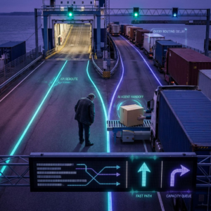 Havnens læsserampe ved skumring: to farvekodede ruter konvergerer mod en færgerampe, en leder ser på mens en kasse omlæsses.