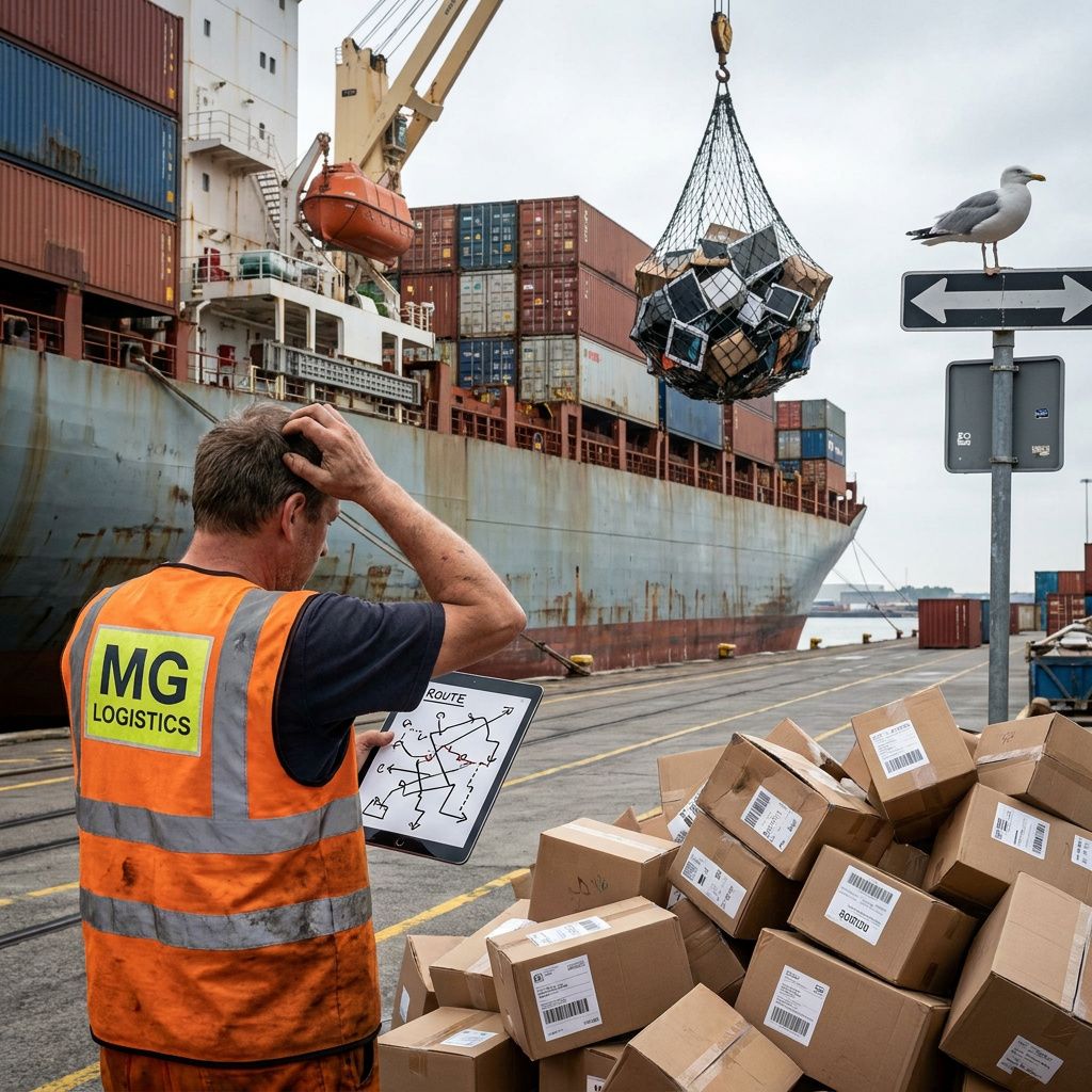 Et systems‑map foto: en dansk baggård ved skumring med to brede malede baner i cyan og indigo på asfalten, der krydser og mødes mod en port; ingen tekst.