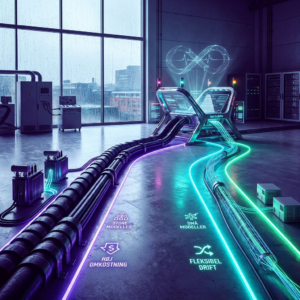 Koncentreret beslutningsøjeblik for en SME‑driftsleder i testkrybbe: to indigo/cyan gulvbaner fører mod en enkelt arbejdsstation, dyb indigo belysning, subtile data‑pulser.