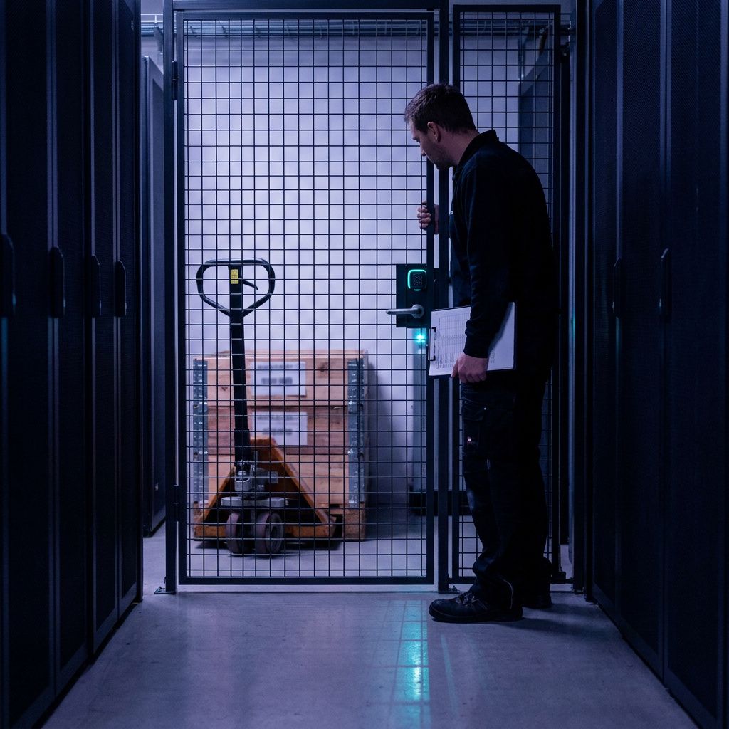 Felttekniker scanner plombering på kasse i nordisk hosting-bur; ingen læsbar tekst, kølige indigo-skygger og diskret cyan-lys