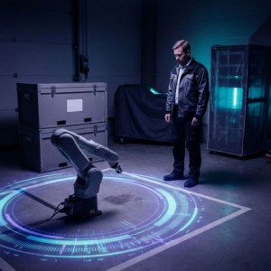 Teknikchef i en lille produktionshal står ved et testfelt, indigo/cyan data-pulse projiceret på gulvet, en robotarm holder pause og kasser markeret som sim-data ligger klar — en visuel kommentar til valget mellem brug af AXIS-datasæt og at bygge egen pipeline.