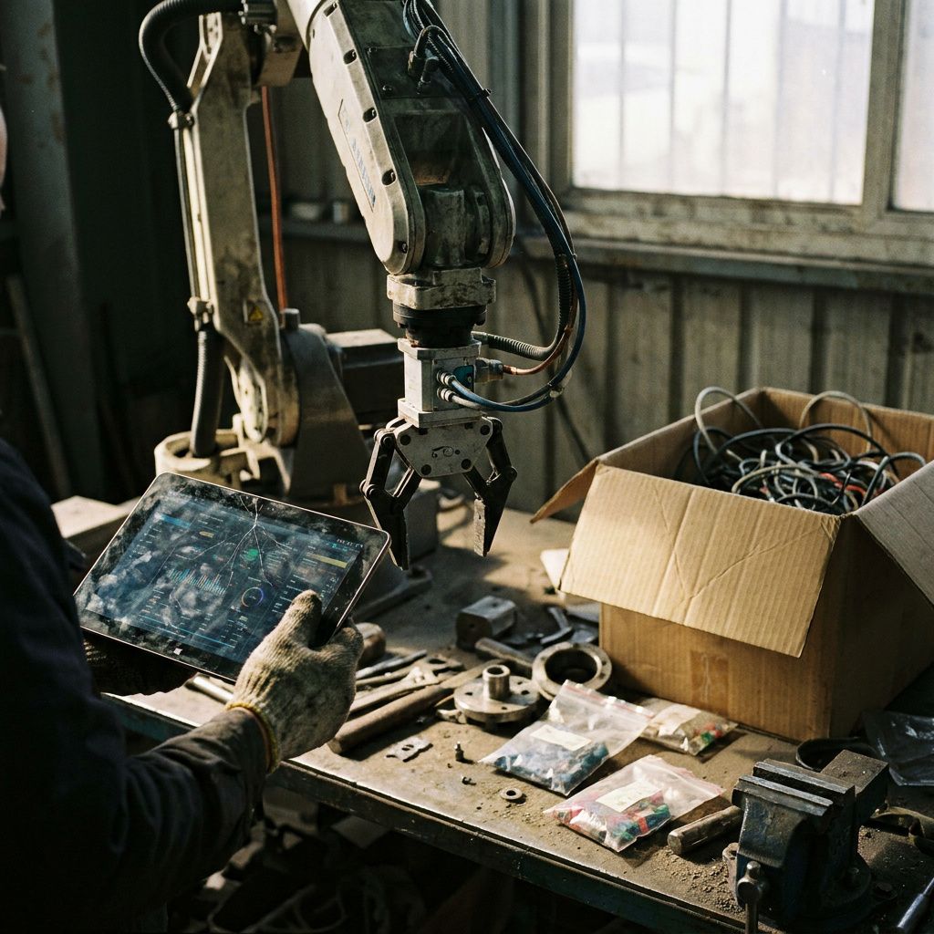 Makrofoto af en slidt robotgriberflade med en utydelig cyan indfarvning fra testlys, overfladen viser små slidmærker og et ulæseligt serienummer trykt ud af fokus.