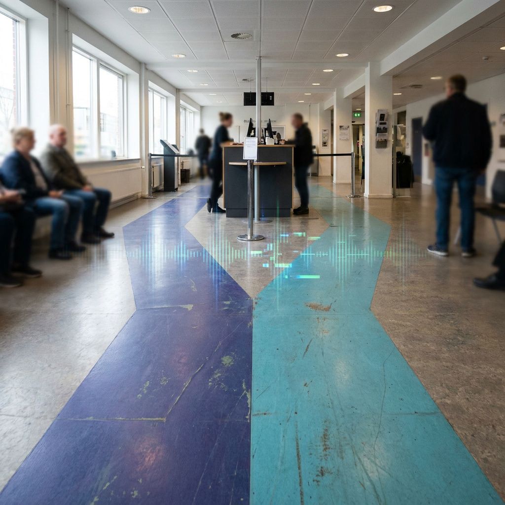 En kø i et posthus eller borgerservice med to tydelige baner markeret på gulvet — en normal kø og en 'hurtig' bane, hvor cyan/indigo lys skaber et split i flowet.