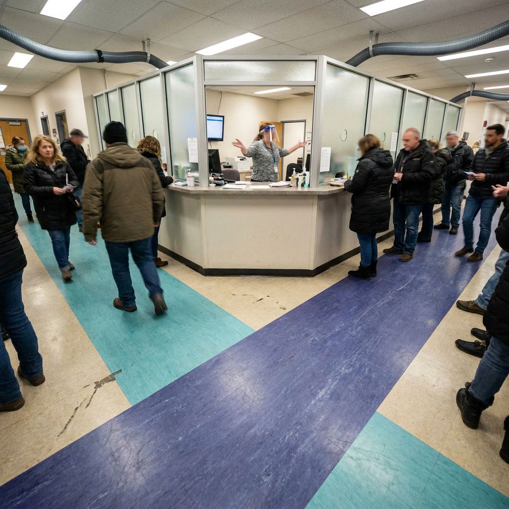 En kø i et posthus eller borgerservice med to tydelige baner markeret på gulvet — en normal kø og en 'hurtig' bane, hvor cyan/indigo lys skaber et split i flowet.