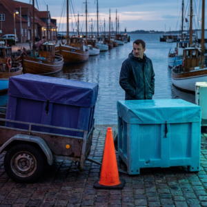 Ejeren af en lille AI‑virksomhed står ved en palle med to indpakkede GPU‑enheder i et lyst, industrielt lokale; indigo og cyan lysreflekser giver en Snilld‑tone, subtile lysstriber antyder data‑puls.