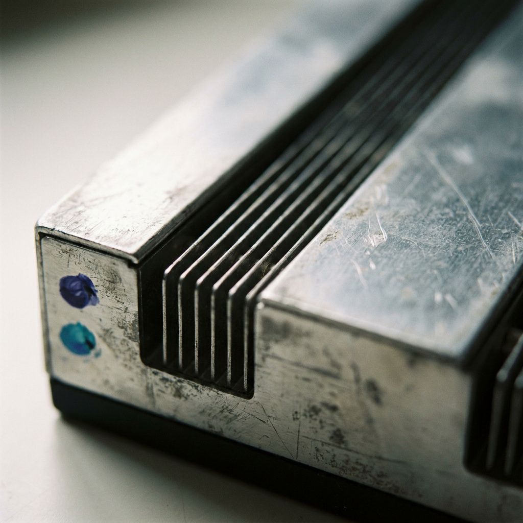 Nærbillede af kølefladen på en GPU‑accelerator med slitage og to malede toner (indigo og cyan) på metallet; ingen mærker, ingen tekst.