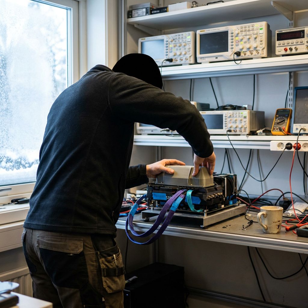Et lille testlaboratorium hvor en tekniker opsætter en inferens‑testbænk: farvekodede kabler bundtet, kølekanaler med indigo/cyan markeringer, testprøver lagt i bakker — ingen skærme synlige.