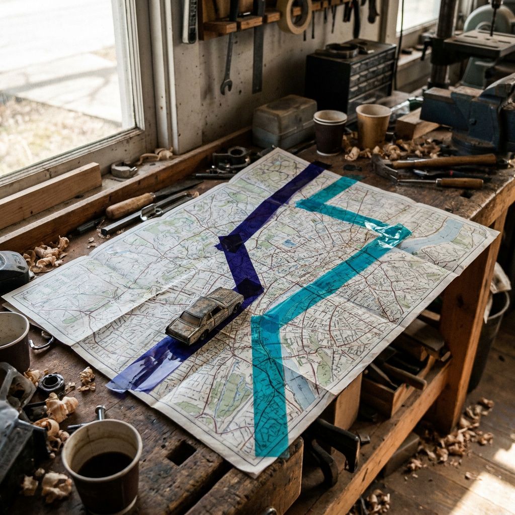 Et stiliseret, men realistisk bykort med to farvede ruter i cyan og indigo; en lille lastbil sidder bag en kø af biler på den ene rute, symboliserer forskelle i gennemstrømning og ventetid.