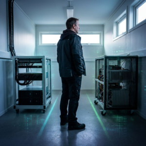 Dansk teknisk leder i et lille testlokale står mellem to GPU-rigs med diskrete cyan og grønne gulvlinjer mod hver rig og overvejer hvilken vej der skal vælges.