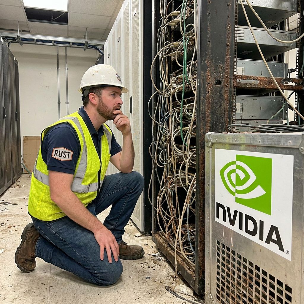 Nærbillede af en slidt GPU-kant med skruehoved og svag cyan/grøn refleks i metallet.