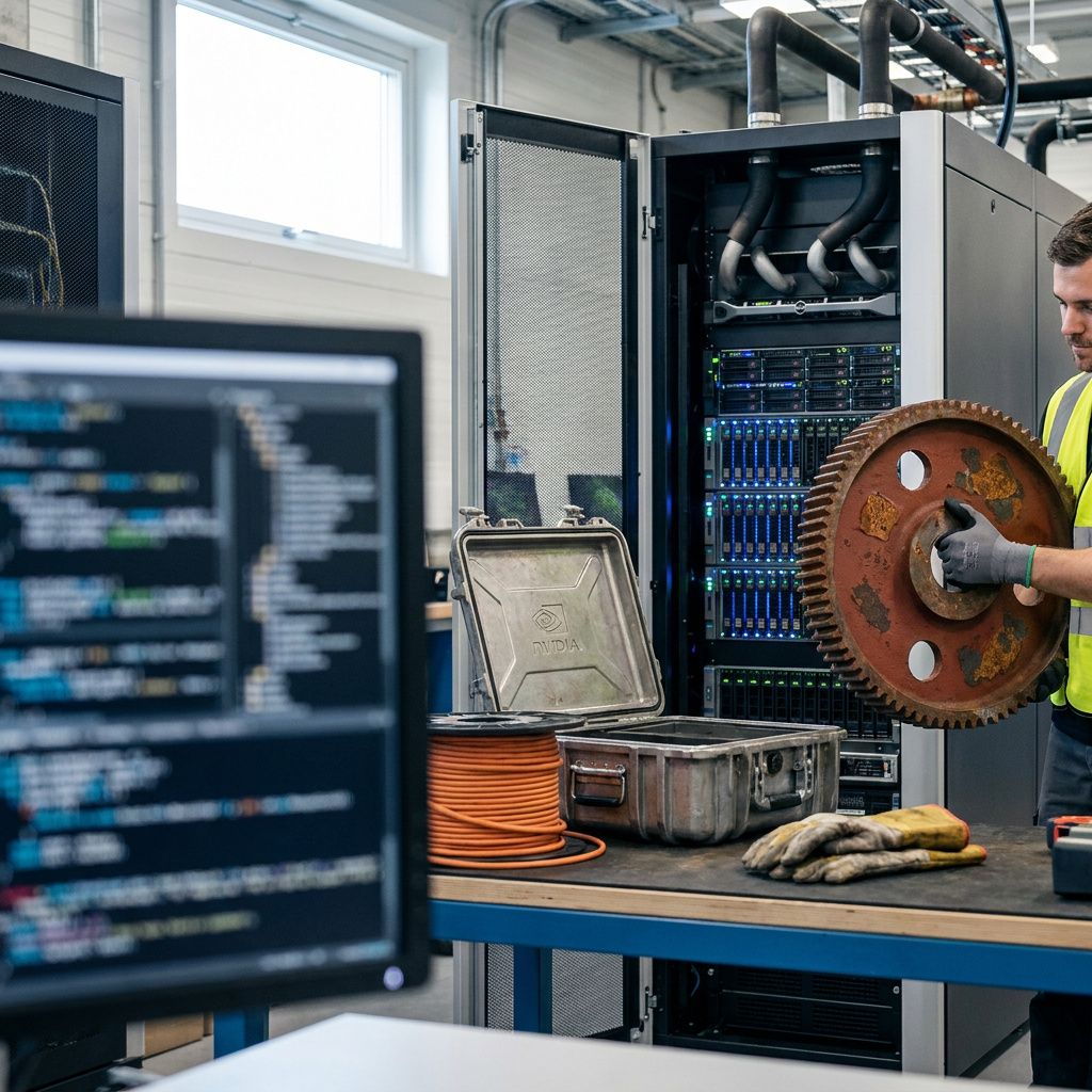 En tekniker ruller en åben compute‑vogn mod en afmærket testplads med diskrete cyan/grønne markeringer.