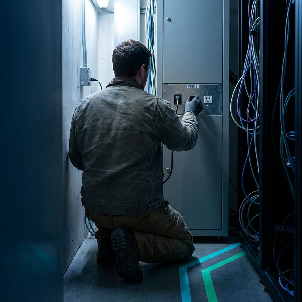 En tekniker ved en lille serverboks i et lokalt hostingrum, blot ryggen og værktøj synligt, indigo mood og cyan signalstriber langs gulvet.