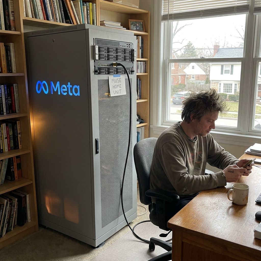 Tekniker ved rack-agtigt kabinet i lille hostingrum, indigo/cyan accent, uden synlige logoer eller læsbar tekst.