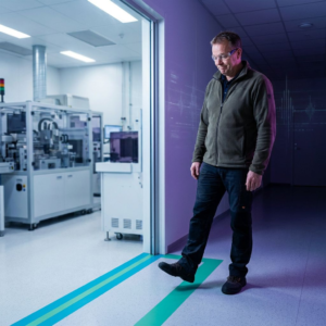 En operationsleder set bagfra i en mørk korridor uden for et produktionsområde, dybe indigo‑lilla skygger med cyan/grønne signalstriber på gulvet, synligt en sløret wafer‑inspektionsstation gennem et sikkerhedsvindue.