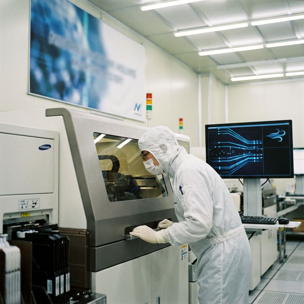 Nærbillede af en brugt waferholderkant med mikroskopiske ridser og industrielt slør, dybe lilla toner og en diskret cyan data‑pulse refleks.