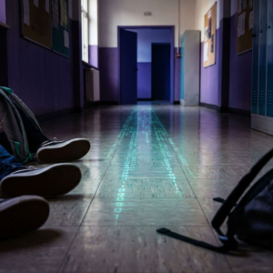 Skoleleder set bagfra på tærsklen til to forskellige korridorer — én i indigo/cyan signallys, én i hårdt hvidt lys — symbol på valg mellem privatlivsbeskyttelse og uafklaret risiko.