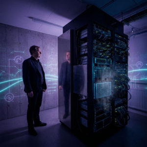 Beslutningsøjeblik i en hosting‑hal med dyb indigo belysning og cyan signalaccents, teknisk leder ser over driftsscenarie; stemningsfuldt, nordisk, ingen læsbar tekst