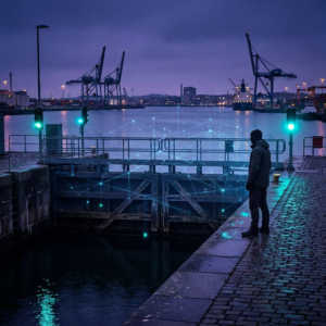 Nordisk beslutningsøjeblik: en person på kajen ser mod en lukket sluse i blåt‑indigo lys, med cyan/green signalaccents og en subtil pulserende overlay – symbol for værktøjets evaluering kontra produktion.