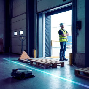 Supply‑chainleder i fabrikshal ved opdelte palleflows, indigo skygger og cyan accenter – beslutningsøjeblik om kontrol og kapacitet.