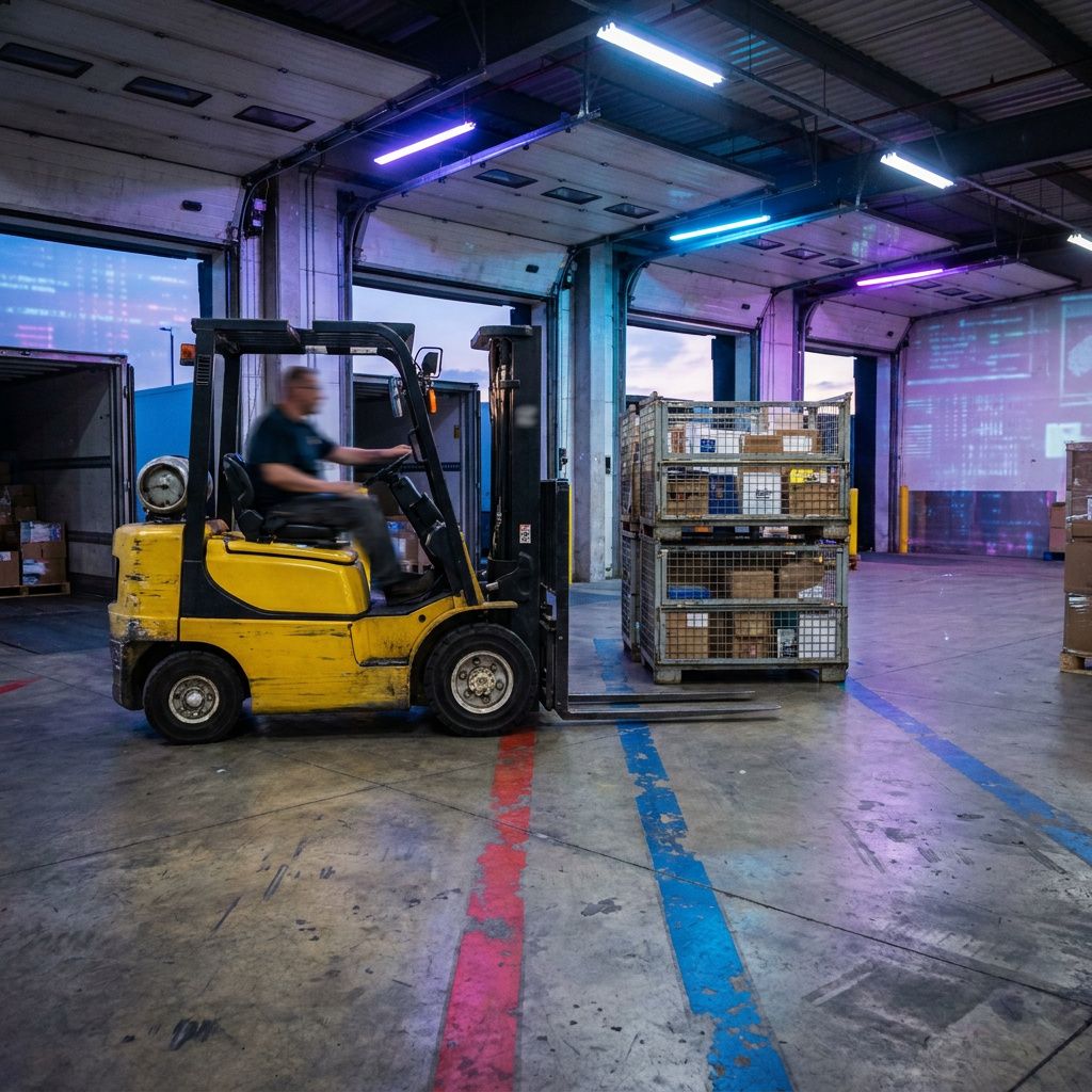 Lasteluge med haltet levering: en enlig gaffeltruck holder i pause foran markeret køstribe, natlys med køligt cyan‑indigo tone.