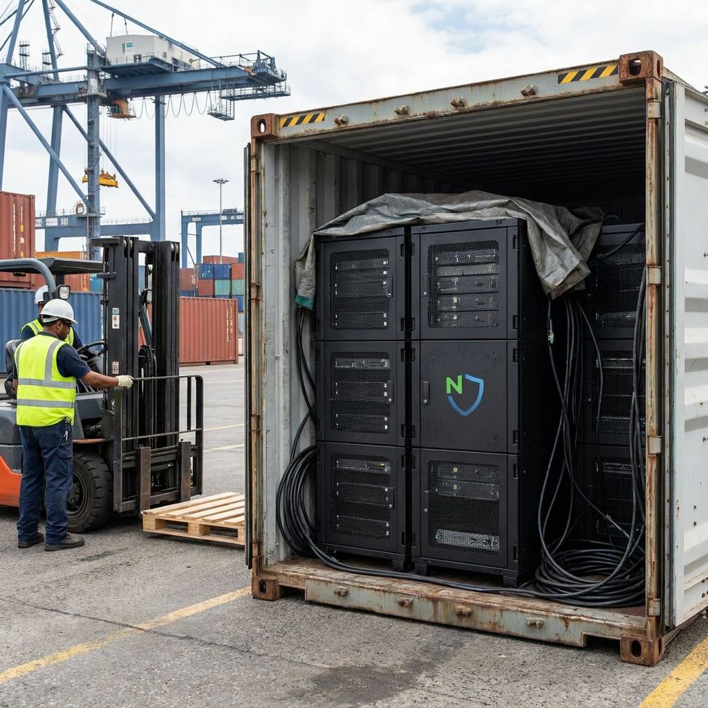 Nærbillede af et slidmærke på en transportpalet og farvekodet plastisk mærkat uden læsbar tekst, indigo/cyan toner.