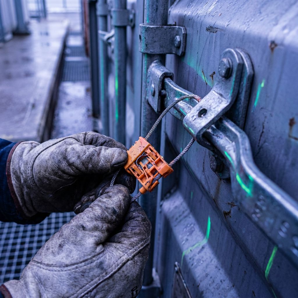 Tekniker løsner en tamper‑evident plombe på en robust metalhængsel, tæt, dokumentarfoto uden læsbar tekst.