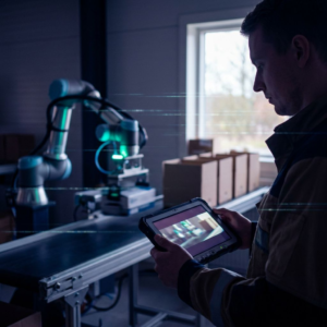 Produktionsleder i fabrikshal holder tablet med kort videoklip; robotarm og kasser i baggrunden; violet/indigo lys med cyan‑grønne accenter og subtile data‑pulser over billedet.