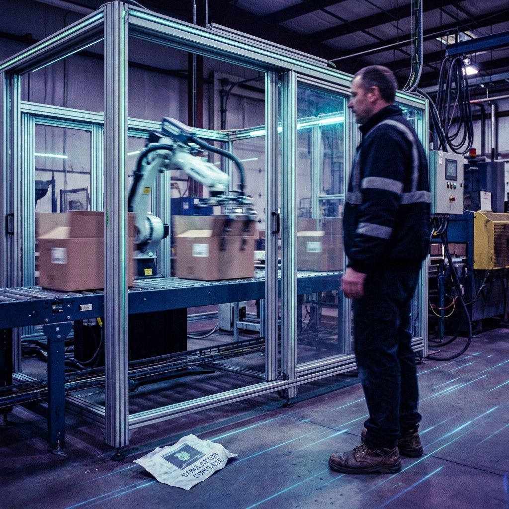 En tekniker (uden ansigt i fokus) kontrollerer en robotcelle fra siden mens en rulle af kasser bevæger sig forbi; kamera fra lav vinkel, reportage, ingen skærme synlige.
