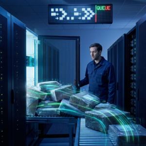 En beslutsom teknisk leder i en compute‑rum‑lignende omgivelser med NVMe‑shelves og indigo/cyan lys, der symboliserer skiftet fra GPU-hastighed til I/O‑flaskehalse.