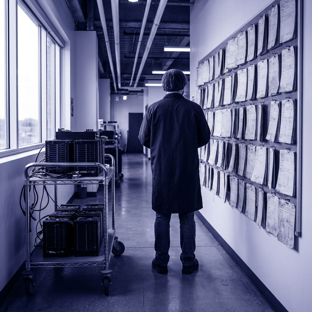 Editorial foto af en tekniker (ansigt ude af fokus) der trækker en lille rack‑indsats med NVMe‑shelves forbi en kø af arbejdspakker, indigo lys, reportage‑stil.
