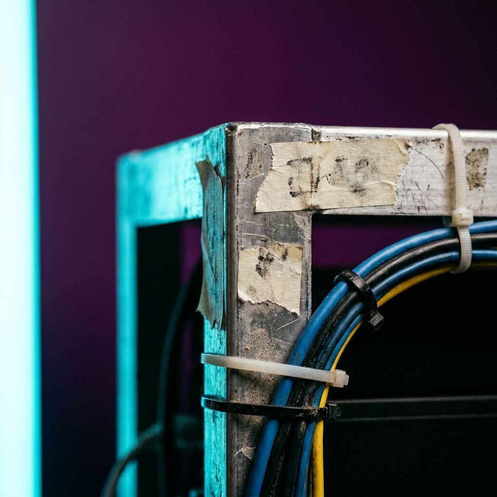 Detaljebillede af slidte kablebindingsmærker og tape på en NVMe‑vogn, indigo/cyan toning.
