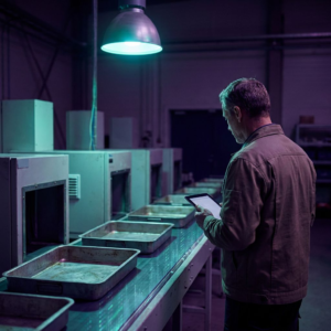 Produktionsbane stillet i stå: tomme metaltrays venter, leder set bagfra holder tablet mod brystet, indigo/violet lys med cyan signalaccents og diskret data‑puls overlay.