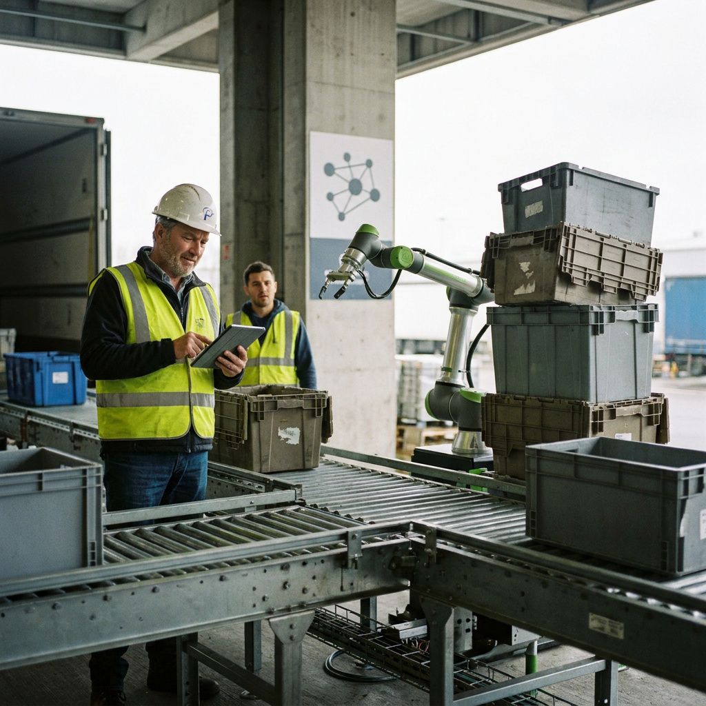 En tekniker (ansigt ude af fokus) vipper en vogn med compute‑trays langs en malet gul gang i en lille testhal; vognens trays er tydeligt tomme på nogle positioner.