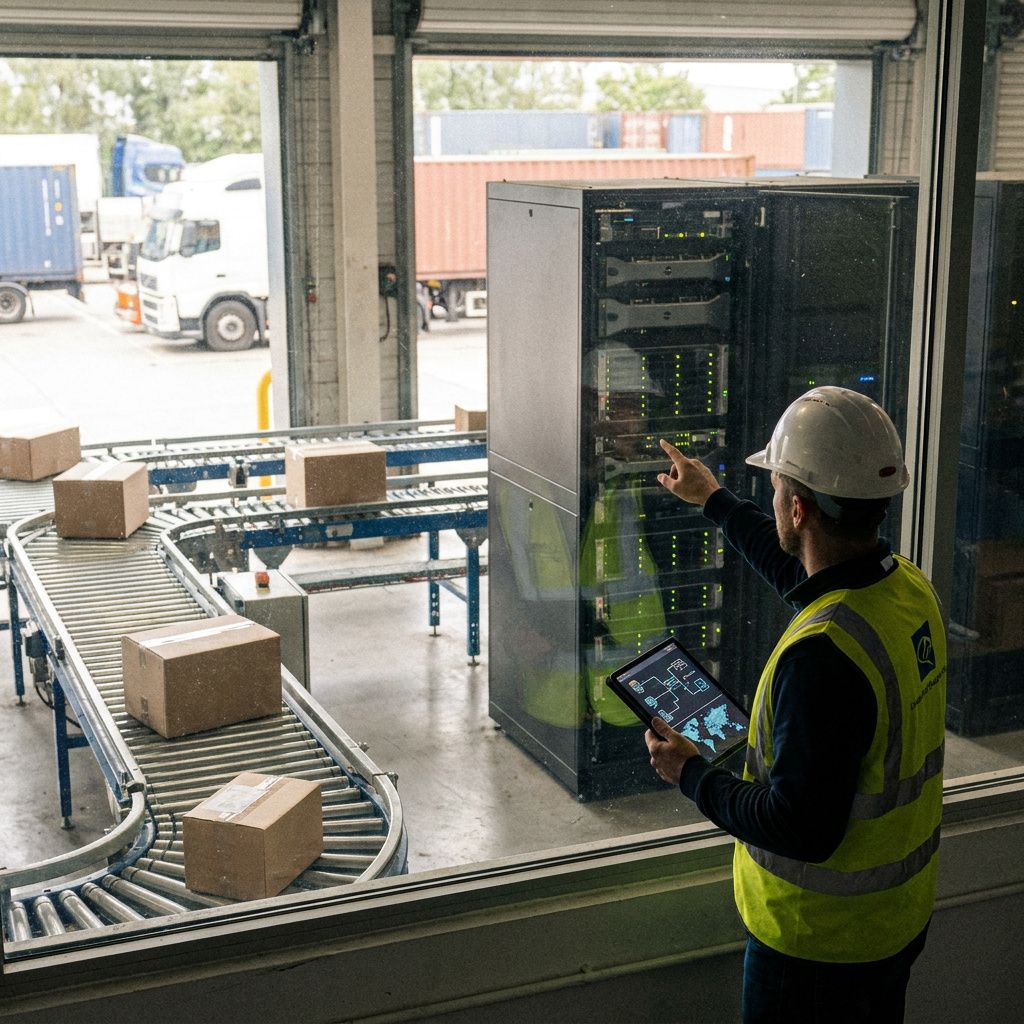 En tekniker (ansigt ude af fokus) vipper en vogn med compute‑trays langs en malet gul gang i en lille testhal; vognens trays er tydeligt tomme på nogle positioner.