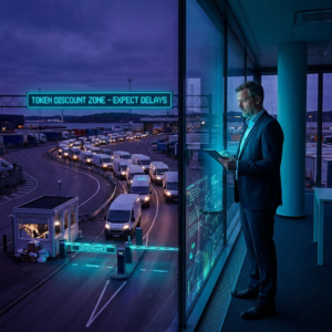 Nordisk SME‑leder ser ud over en lille havneplads med lastbiler i kø; dyb lilla/indigo stemning med cyan/grønne lysaccents og subtile datapuls‑overlays, symboliserer hvordan drift og latency æder AI‑besparelser.