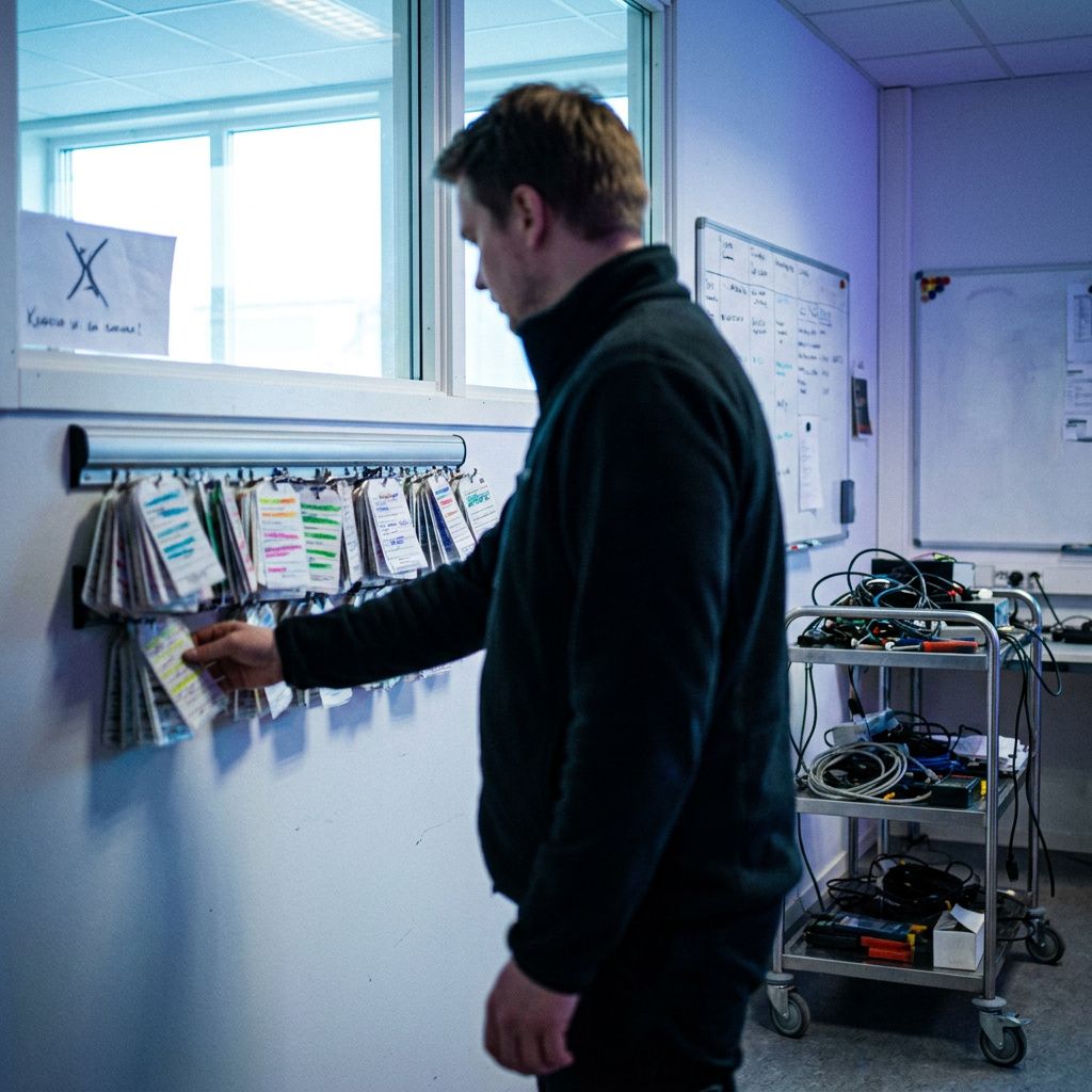 Supportoperatør i en lille operationshal står ved kanten af et logistisk flow: en række task‑tags hænger i en lukket skinne (ingen læsbar tekst), mens en tavle med ruter er ude af fokus i baggrunden; kølig indigo lysning, cyan highlights, reportage 35 mm.