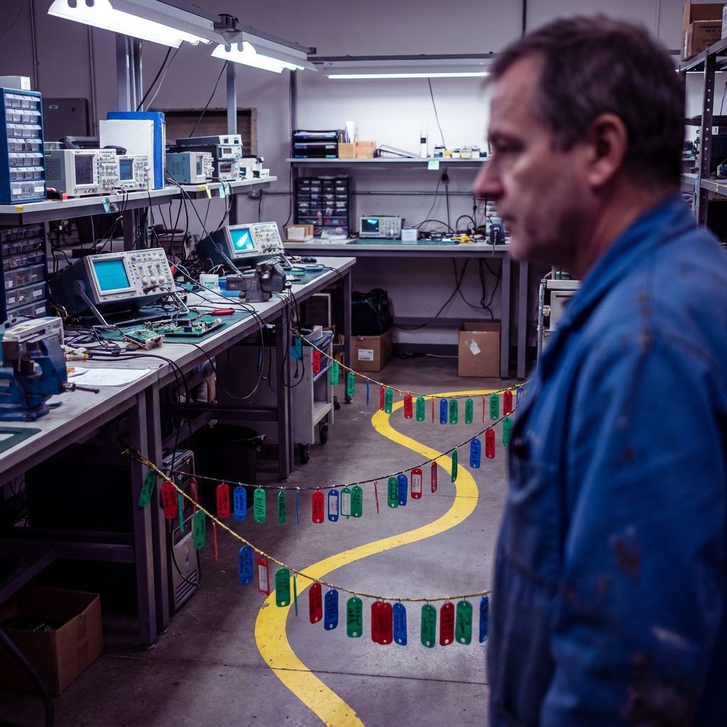 Operationshal i en lille nordisk kundeserviceafdeling: tekniker ved væg med task‑tags, indigo/cyan stemning.