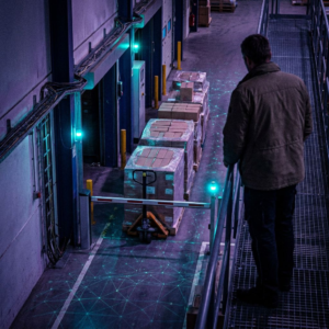 En beslutningstager ser ned på en kort kø ved en lille logistikhub; deep purple skygger og cyan accenter antyder teknisk signalering og økonomisk pres.