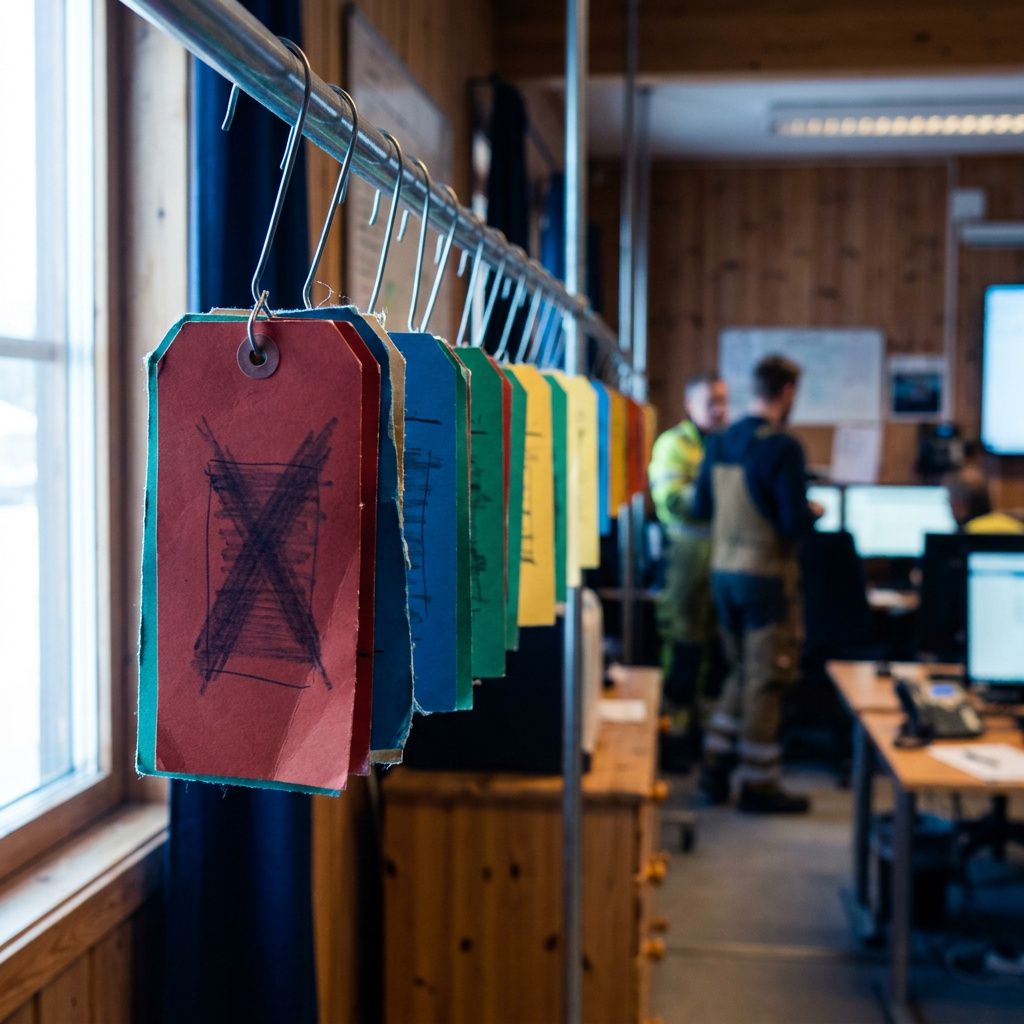 Detaljebillede af en hængende række farvede task‑tags på en stang i en operationshal, slidt papirtykkelse, en enkelt tag har et streget mærke; dyb lilla baggrund med cyan kantbelysning, ingen læsbar tekst.