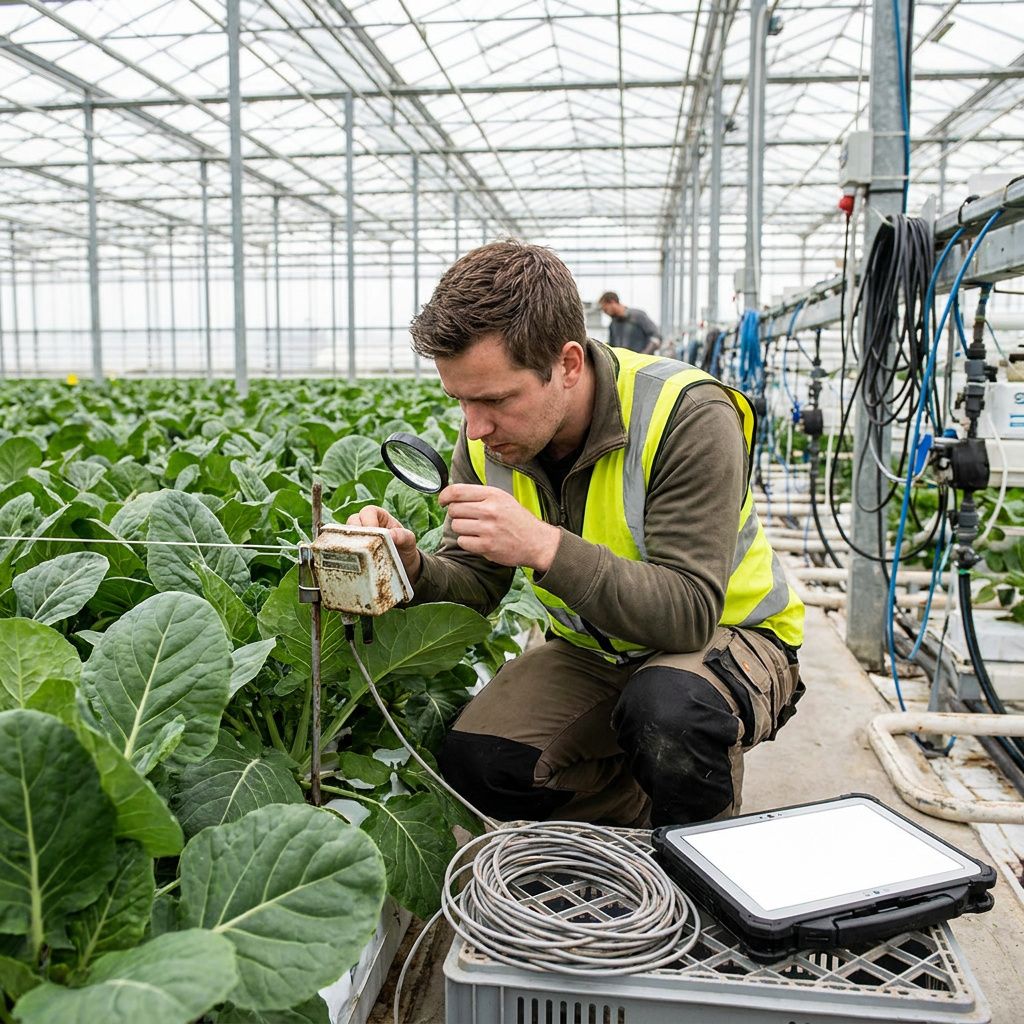 Kvadratisk foto af en støvet test‑bænk i et lille research‑rum: en tekniker (ansigt ude af fokus) afleverer en netværksmåling på en papirlap til en kollega, synlig kø‑mærkning i baggrunden, dyb lilla baggrundstempering og cyan signal‑accent, ingen læsbar tekst.