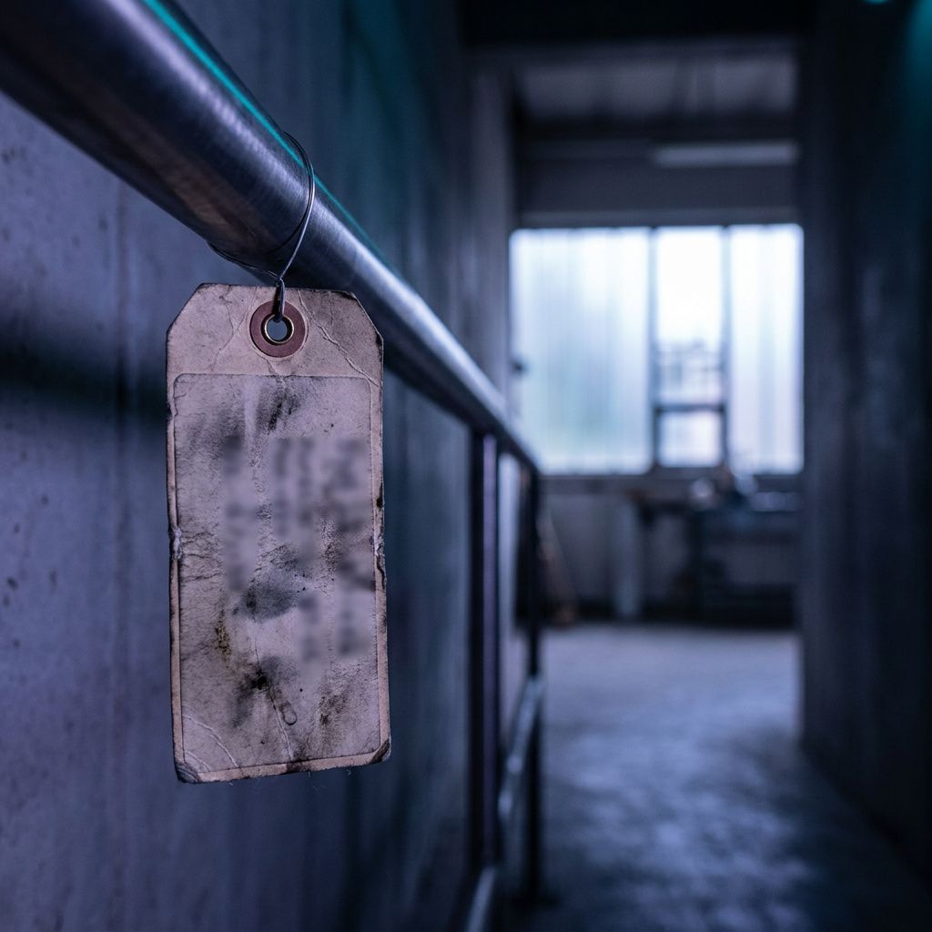 Nærbillede af et slidte task‑tag hængende i en operationsgang; kantafslidning, ingen læsbar tekst, shallow depth of field, nordisk lys.