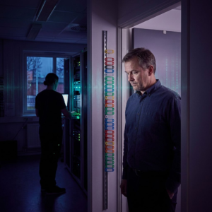 Nordisk beslutningsøjeblik: CTO ser over en operationshal med farvede task‑tags, indrammet i dyb lilla/indigo med cyan‑grønne signallys og en subtil data‑puls.