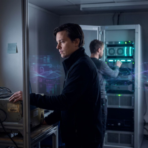 Nordisk operationsleder ved en åben GPU‑testbænk i en lille testhal, dybe indigo‑skygger og cyan/grønne accentsignaler, subtil pulserende overlay, beslutsom stemning