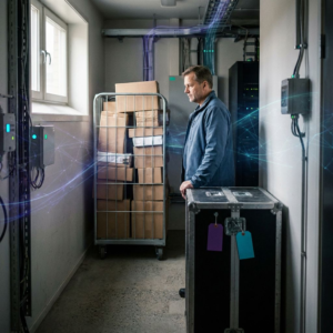 Nordisk operationsbillede: en IT‑leder i aftenlys ser på en transportkasse og en kort kø af leverancer i en lille driftsgang; dybe lilla skygger og cyan accenter, subtil data‑pulse overlay, ingen læsbar tekst.