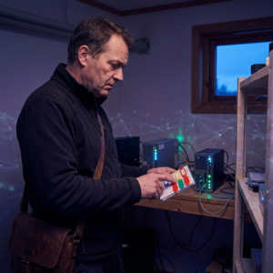 Nordisk operationsscene med en teknisk SME‑leder ved en testklynge, dyb indigo stemning og cyan accenter, der visualiserer beslutningspres om offloading og checkpoints.