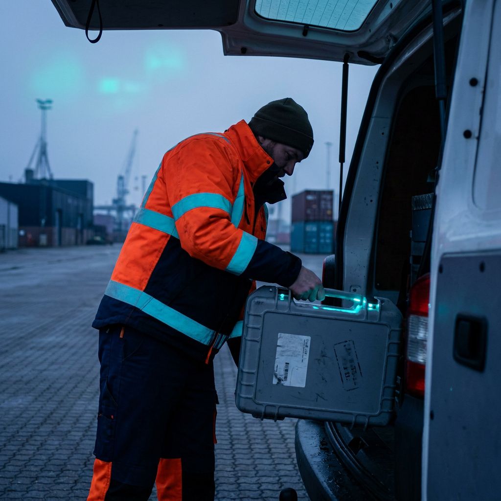 En tekniker i felttøj læsser en lille test‑gateway ind i en servicevogn uden at vise læsbar tekst; kameraet er fra skulderhøjde, dokumentarisk.